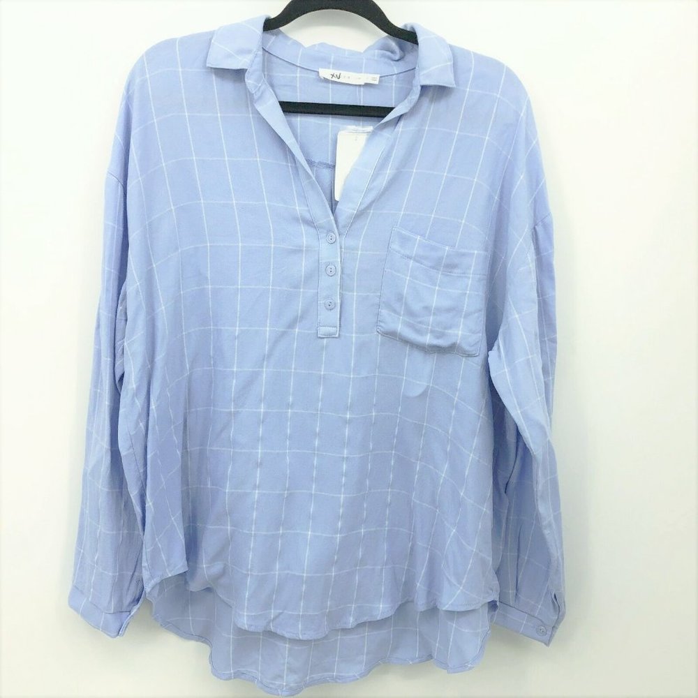 LUSH blue windowpane popover shirt, size L